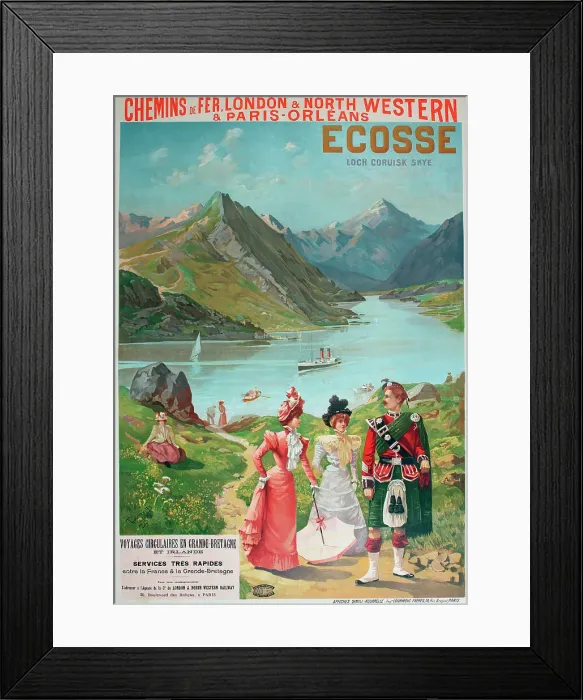 Framed Print : Poster, Scotland, Loch Coruisk, Skye, for travellers from France, via LNWR and Paris Orleans Railway. Date: circa 1895 Framed Print : Poster, Scotland, Loch Coruisk, Skye, for travellers from France, via LNWR and Paris Orleans Railway. Date: circa 1895