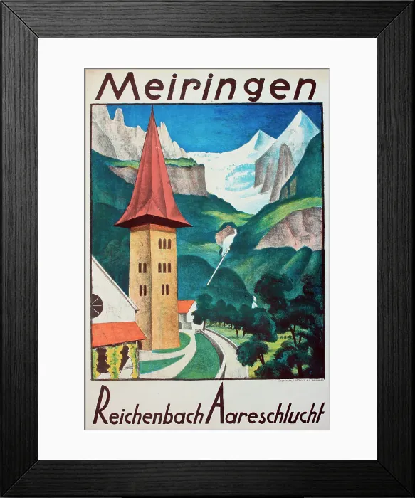 Framed Print : Poster, Meiringen, Reichenbach, Aareschlucht, Switzerland, famous for its Sherlock Holmes connection. Date: circa 1939 Framed Print : Poster, Meiringen, Reichenbach, Aareschlucht, Switzerland, famous for its Sherlock Holmes connection. Date: circa 1939
