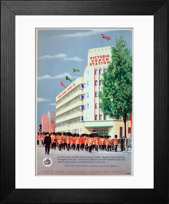 Framed Print : Poster, Victoria Coach Station, with a military band marching along the road. Date: circa 1960 Framed Print : Poster, Victoria Coach Station, with a military band marching along the road. Date: circa 1960