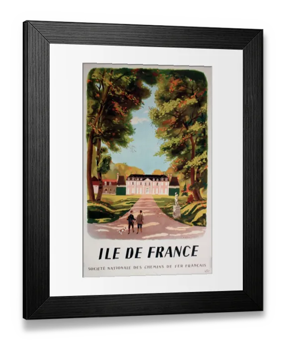 Framed Print : Poster, Ile de France, via SNCF, depicting two hunters and a dog. Date: 1946 Framed Print : Poster, Ile de France, via SNCF, depicting two hunters and a dog. Date: 1946