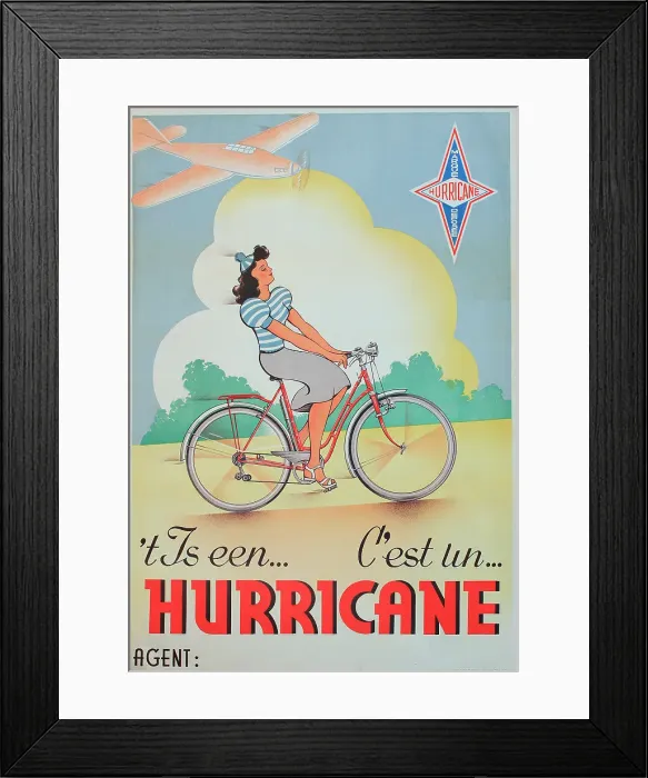 Framed Print : Poster, It's a Hurricane - woman riding a bicycle, with an aeroplane flying overhead. Date: circa 1950 Framed Print : Poster, It's a Hurricane - woman riding a bicycle, with an aeroplane flying overhead. Date: circa 1950