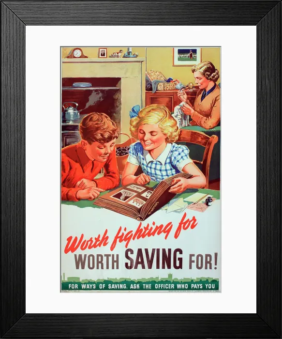 Framed Print : WW2 poster, Worth Fighting For, Worth Saving For! For ways of saving, ask the officer who pays you. National Savings to help the war effort. Date: circa 1940 Framed Print : WW2 poster, Worth Fighting For, Worth Saving For! For ways of saving, ask the officer who pays you. National Savings to help the war effort. Date: circa 1940