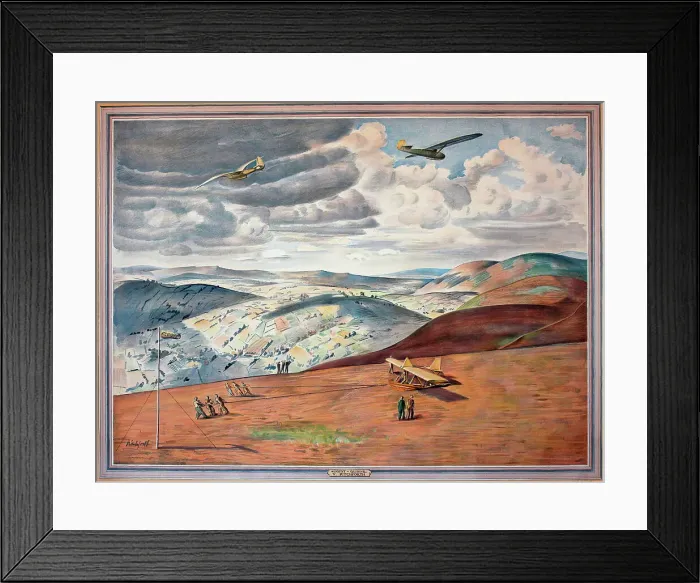Framed Print : WW2 poster, August - Gliding, featuring ATC (Air Training Corps) gliders. One of a series of prints commissioned and published by CEMA (Council for the Encouragement of Music and the Arts, later to become the Arts Council), in 1944 Framed Print : WW2 poster, August - Gliding, featuring ATC (Air Training Corps) gliders. One of a series of prints commissioned and published by CEMA (Council for the Encouragement of Music and the Arts, later to become the Arts Council), in 1944