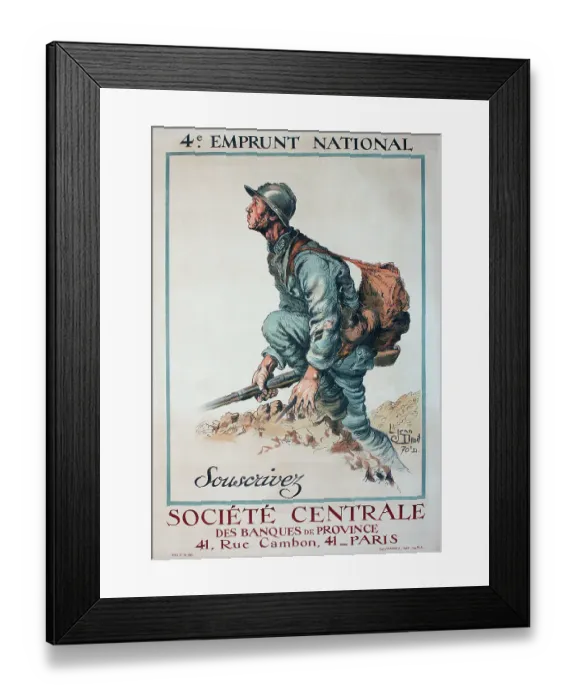 Framed Print : WW1 poster, 4e Emprunt National - Souscrivez (4th National War Loan - Subscribe) - Societe Centrale des Banques de Province, Rue Cambon, Paris. Date: circa 1916 Framed Print : WW1 poster, 4e Emprunt National - Souscrivez (4th National War Loan - Subscribe) - Societe Centrale des Banques de Province, Rue Cambon, Paris. Date: circa 1916