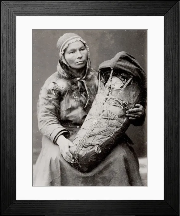 Framed Print : Sami woman with a baby in a papoose, Norway Framed Print : Sami woman with a baby in a papoose, Norway