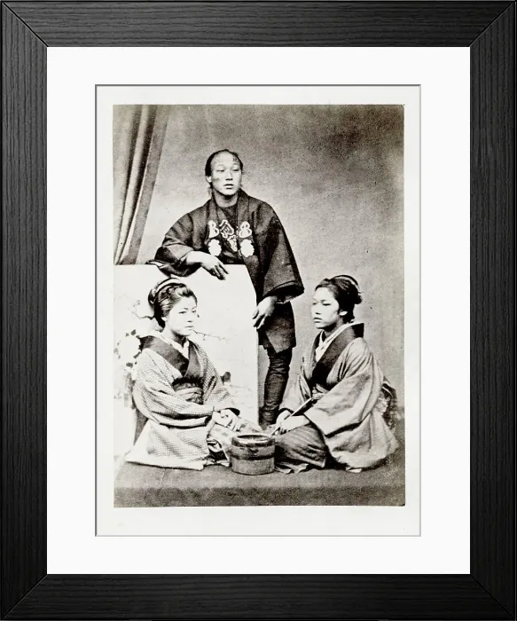 Framed Print : Japanese portrait - two seated women and a man Framed Print : Japanese portrait - two seated women and a man