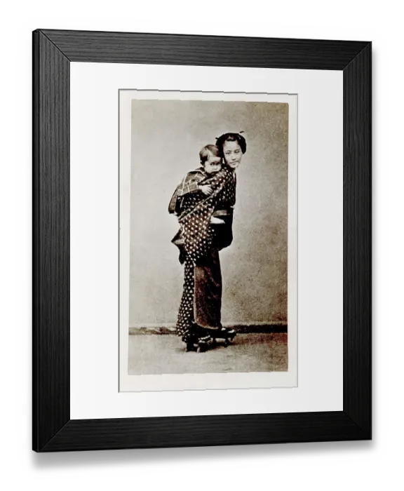 Framed Print : Early Japanese portrait; woman carrying a baby