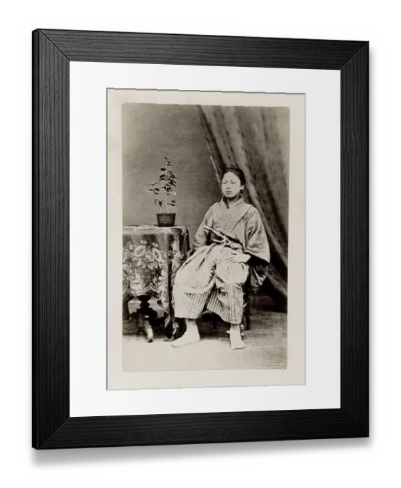 Framed Print : Early Japanese portrait: seated man with sword Framed Print : Early Japanese portrait: seated man with sword