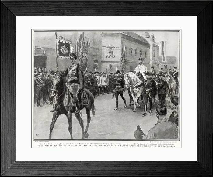 Framed Print : Peter I of Serbia riding horseback from his coronation at St. Michael's Cathedral in Belgrade, to the Palace. Wearing his crown and robes and bearing his sceptre. Date: 21st September 1904 Framed Print : Peter I of Serbia riding horseback from his coronation at St. Michael's Cathedral in Belgrade, to the Palace. Wearing his crown and robes and bearing his sceptre. Date: 21st September 1904