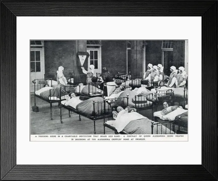 Framed Print : A touching scene in a charitable institution, showing a portrait plaque of Queen Alexandra (Queen-Mother at the time) on the wall of a children's ward in the Alexandra Hospital, Swanley named after her. Date: 1925 Framed Print : A touching scene in a charitable institution, showing a portrait plaque of Queen Alexandra (Queen-Mother at the time) on the wall of a children's ward in the Alexandra Hospital, Swanley named after her. Date: 1925