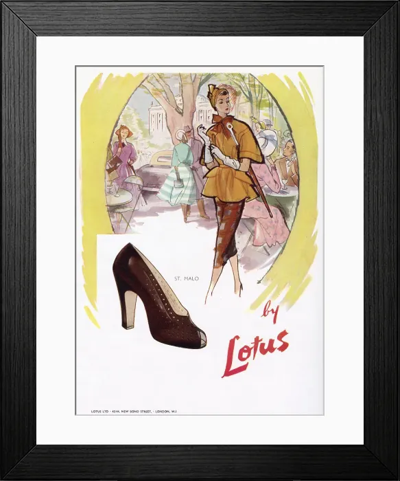Framed Print : Advertisement for Lotus, open-toe heeled shoes. Date: 1950 Framed Print : Advertisement for Lotus, open-toe heeled shoes. Date: 1950