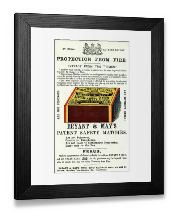 Framed Print : Advert, Bryant & May's Patent Safety Matches Framed Print : Advert, Bryant & May's Patent Safety Matches