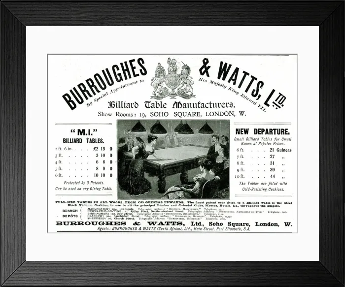 Framed Print : Advert, Burroughes & Watts Billiard Table Manufacturers Framed Print : Advert, Burroughes & Watts Billiard Table Manufacturers