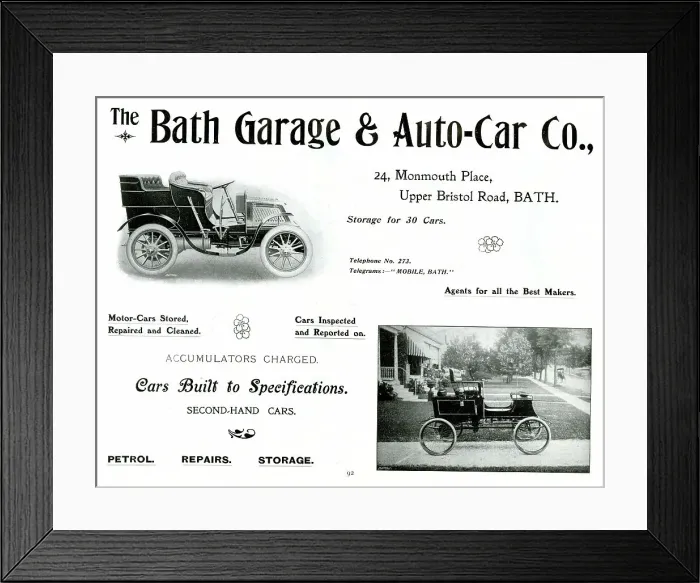 Framed Print : Advert, The Bath Garage & Auto-Car Co Framed Print : Advert, The Bath Garage & Auto-Car Co