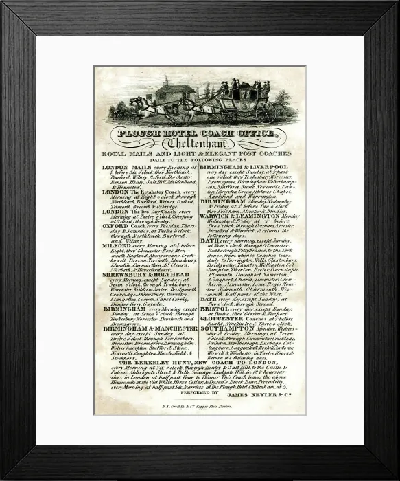 Framed Print : Timetable, Plough Hotel Coach Office, Cheltenham Framed Print : Timetable, Plough Hotel Coach Office, Cheltenham