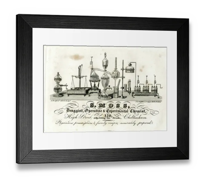 Framed Print : Advert,s Moss, Druggist and Chemist, Cheltenham Framed Print : Advert,s Moss, Druggist and Chemist, Cheltenham