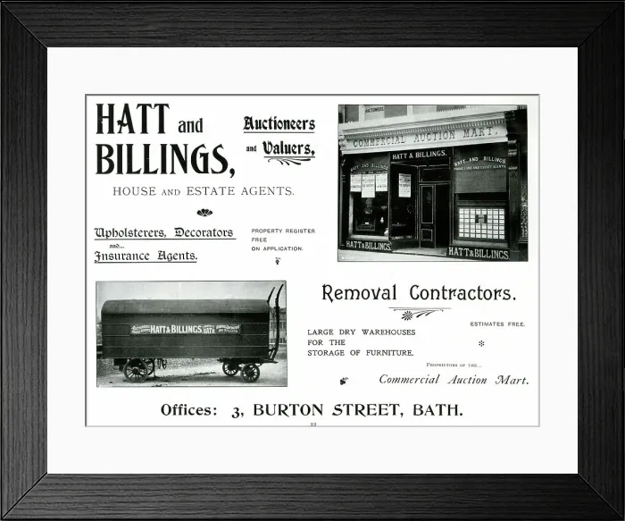 Framed Print : Advert for Hatt and Billings, Auctioneers and Valuers, Bath Framed Print : Advert for Hatt and Billings, Auctioneers and Valuers, Bath