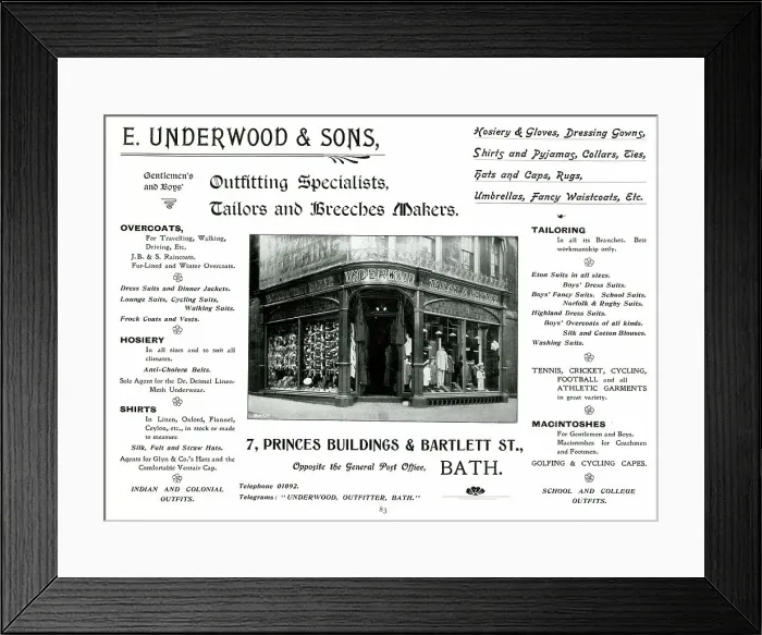 Framed Print : Advert for E. Underwood & Sons, Tailors, Bath Framed Print : Advert for E. Underwood & Sons, Tailors, Bath