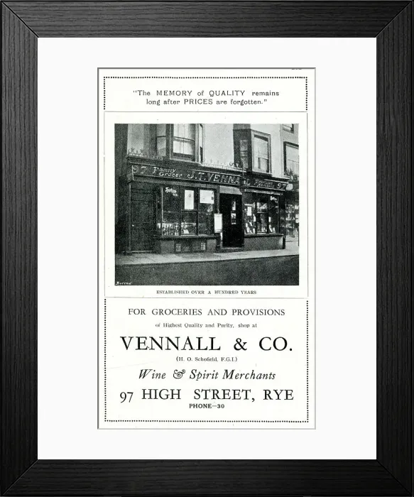 Framed Print : Advert for Vennall & Co, Grocers, High Street, Rye Framed Print : Advert for Vennall & Co, Grocers, High Street, Rye