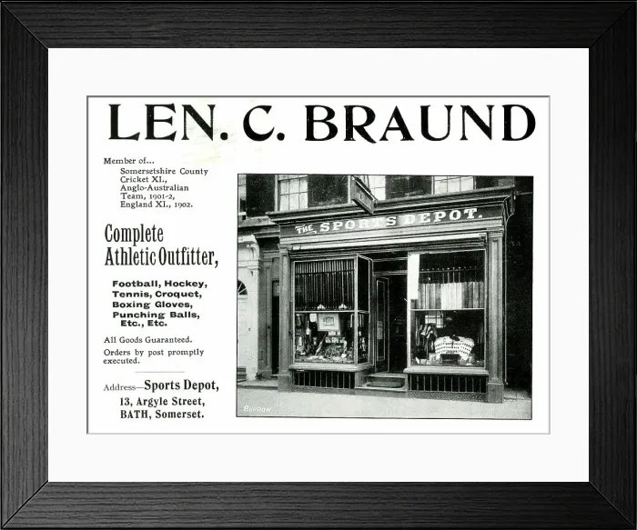 Framed Print : Advert for Len C. Braund, Sports Outfitter, Bath