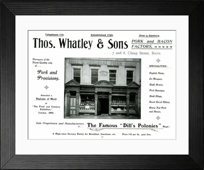 Framed Print : Advert for Thomas Whatley & Sons, Cheap Street, Bath Framed Print : Advert for Thomas Whatley & Sons, Cheap Street, Bath