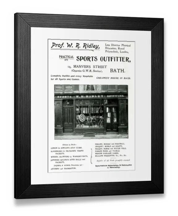 Framed Print : Advert for Prof. W. R. Ridley, Sports Outfitter, Bath Framed Print : Advert for Prof. W. R. Ridley, Sports Outfitter, Bath