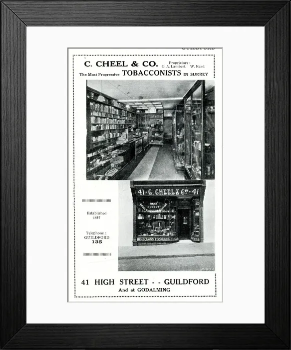 Framed Print : Advert for C Cheel & Co, Tobacconists, Guildford, Surrey Framed Print : Advert for C Cheel & Co, Tobacconists, Guildford, Surrey