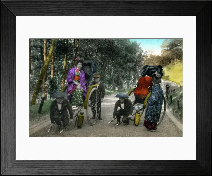 Framed Print : Two Japanese women get into their rickshaws Framed Print : Two Japanese women get into their rickshaws
