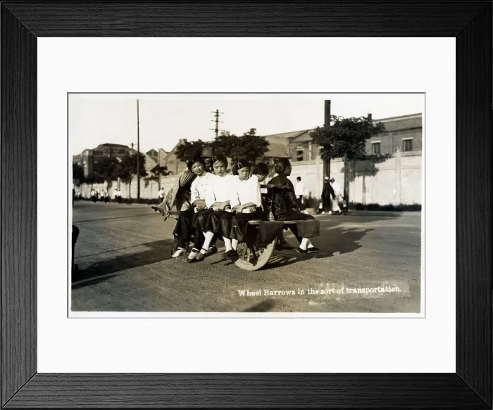 Framed Print : Chinese Schoolgirls transported on a wheelbarrow, China Framed Print : Chinese Schoolgirls transported on a wheelbarrow, China