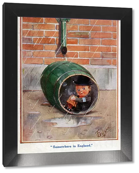 A young English lad takes shelter in a barrel from the rain
