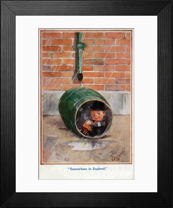 Framed Print : A young English lad takes shelter in a barrel from the rain Framed Print : A young English lad takes shelter in a barrel from the rain