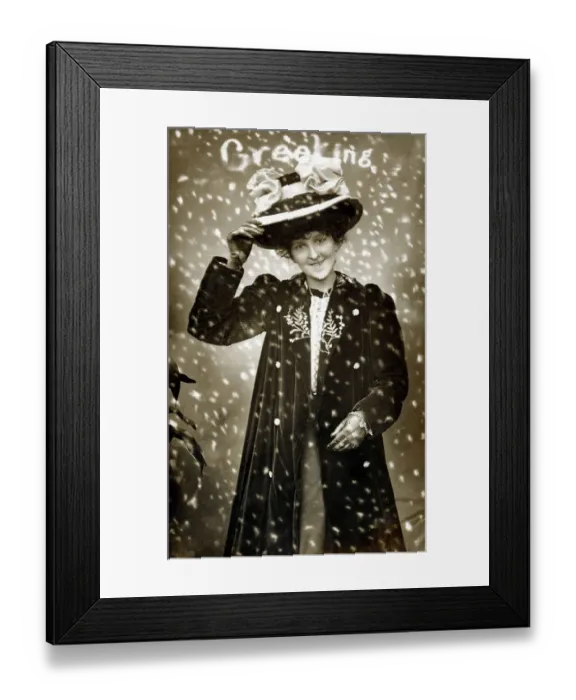 Framed Print : Young lady - large bow-festooned hat and elegant velvet coat Framed Print : Young lady - large bow-festooned hat and elegant velvet coat