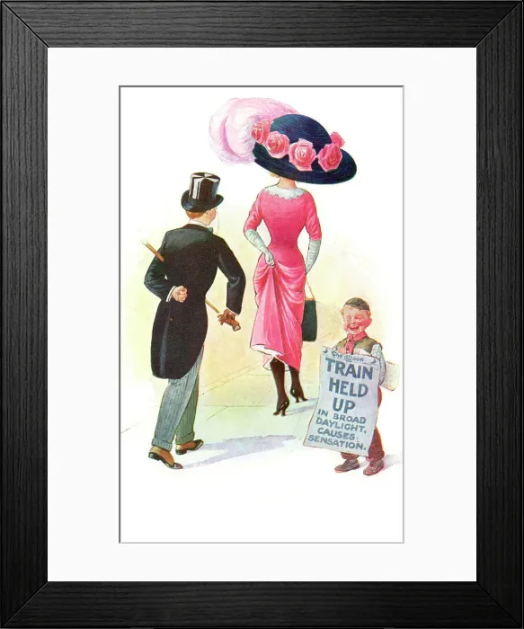 Framed Print : Comic postcard - Train Held up - in broad daylight! Framed Print : Comic postcard - Train Held up - in broad daylight!