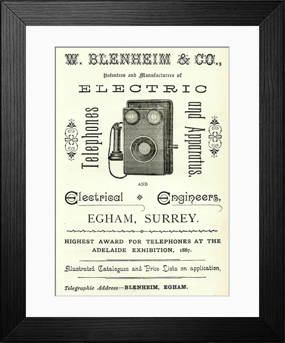 Framed Print : Advert, W Blenheim & Co, electrical engineers, Egham, Surrey Framed Print : Advert, W Blenheim & Co, electrical engineers, Egham, Surrey