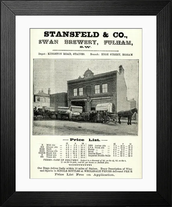 Framed Print : Advert, Stansfeld & Co, Swan Brewery, Fulham, SW London Framed Print : Advert, Stansfeld & Co, Swan Brewery, Fulham, SW London
