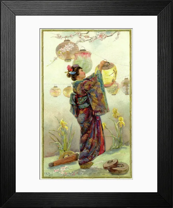 Framed Print : Woman in traditional dress lighting Japanese lanterns Framed Print : Woman in traditional dress lighting Japanese lanterns