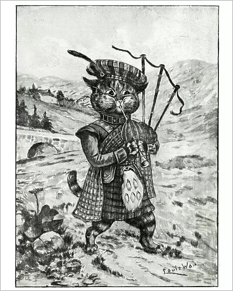 Highland Scottish cat playing the bagpipes by Louis Wain