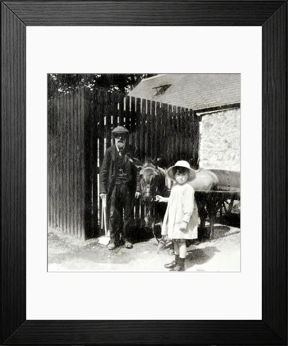 Framed Print : Little girl and grandfather with donkey Framed Print : Little girl and grandfather with donkey