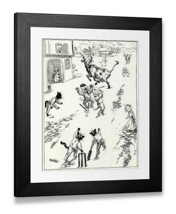 Framed Print : Village Sports, Howzat Umpire, Comical Cats by Louis Wain Framed Print : Village Sports, Howzat Umpire, Comical Cats by Louis Wain