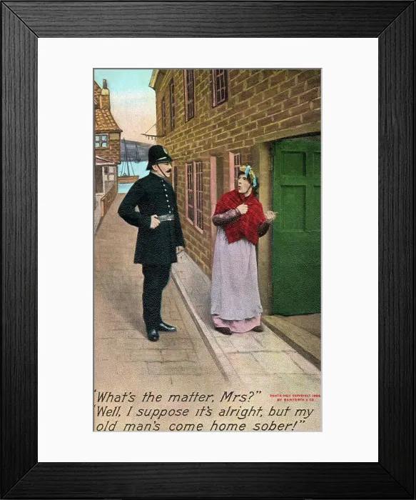 Framed Print : Comic Postcard - Surprise at return of sober husband Framed Print : Comic Postcard - Surprise at return of sober husband