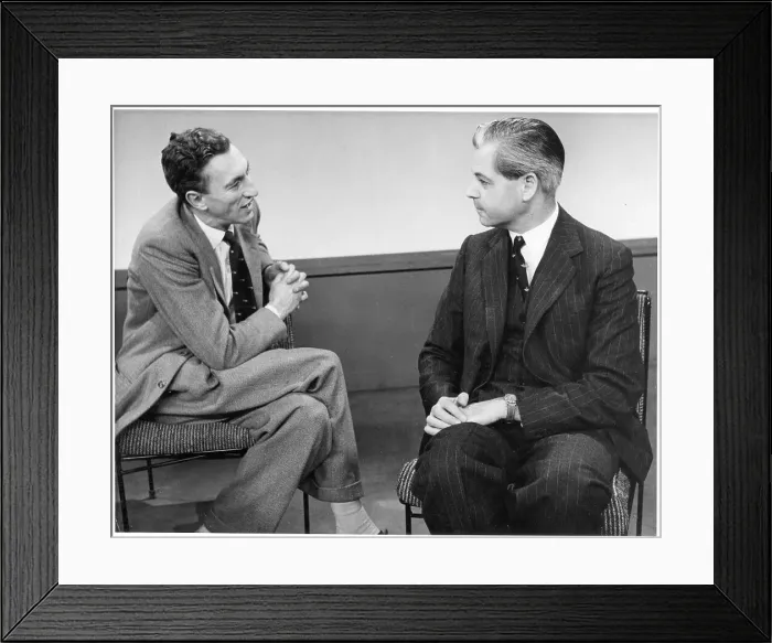 Framed Print : Raymond Baxter interviewing Captain James Linton A. F. C Framed Print : Raymond Baxter interviewing Captain James Linton A. F. C