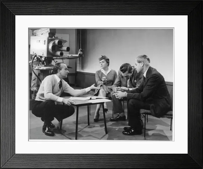 Framed Print : Raymond Baxter interviewing Captain James Linton A. F. C Framed Print : Raymond Baxter interviewing Captain James Linton A. F. C