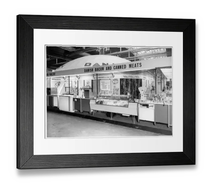 Framed Print : Indoor market stall for Danish Bacon and canned meats Framed Print : Indoor market stall for Danish Bacon and canned meats