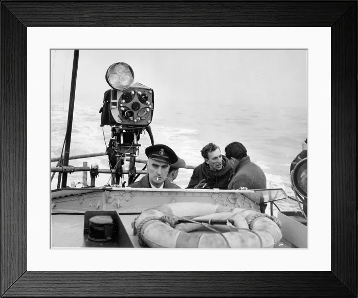 Framed Print : Raymond Baxter filming at sea, on location Framed Print : Raymond Baxter filming at sea, on location