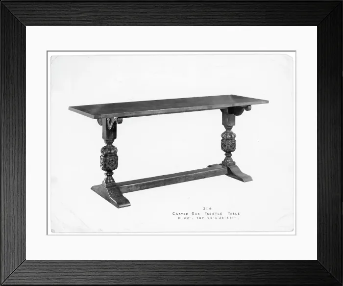 Framed Print : Carved Oak trestle table Framed Print : Carved Oak trestle table
