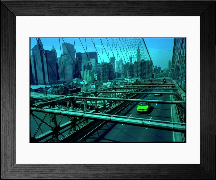 Framed Print : Manhattan skyline from Brooklyn Bridge with yellow cab Framed Print : Manhattan skyline from Brooklyn Bridge with yellow cab
