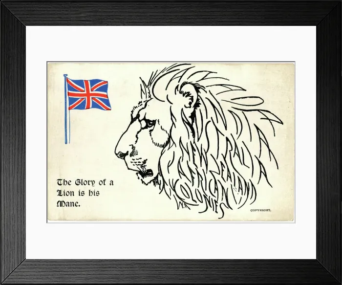Framed Print : Novelty line drawing of a lion's head faces the Union Flag Framed Print : Novelty line drawing of a lion's head faces the Union Flag