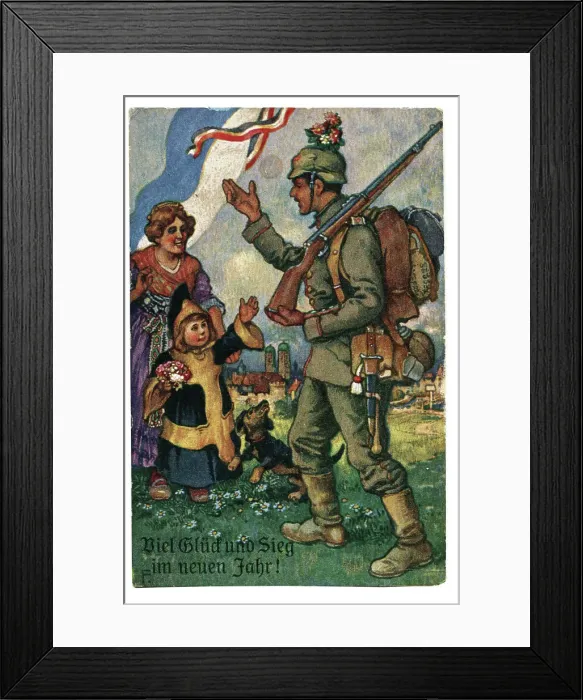 Framed Print : Uniformed Germarn soldier with rifle waving goodbye Framed Print : Uniformed Germarn soldier with rifle waving goodbye