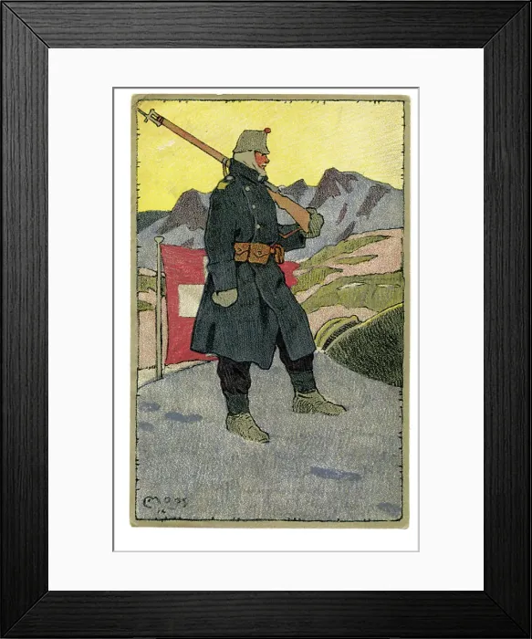 Framed Print : A uniformed & armed Swiss soldier stands on guard Framed Print : A uniformed & armed Swiss soldier stands on guard