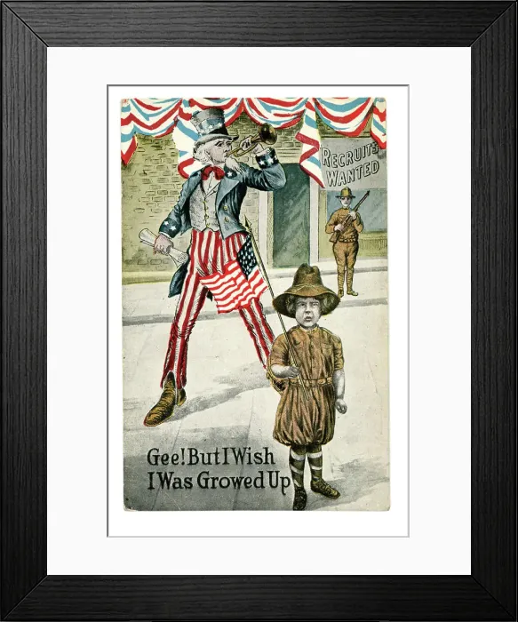Framed Print : A beflagged Uncle Sam blows a bugle for recruits Framed Print : A beflagged Uncle Sam blows a bugle for recruits
